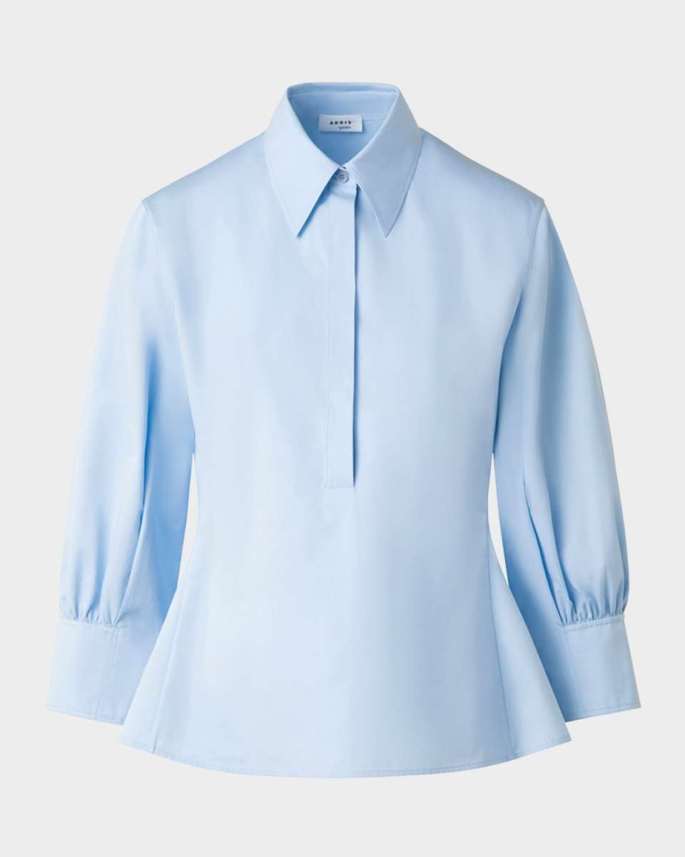 Balloon-Sleeve Button-Front Heavy Cotton Poplin Blouse